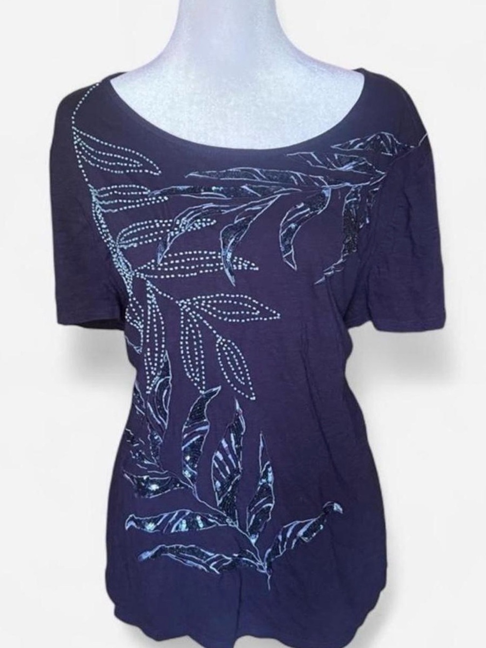 chicos embroidered and sequined floral navy top